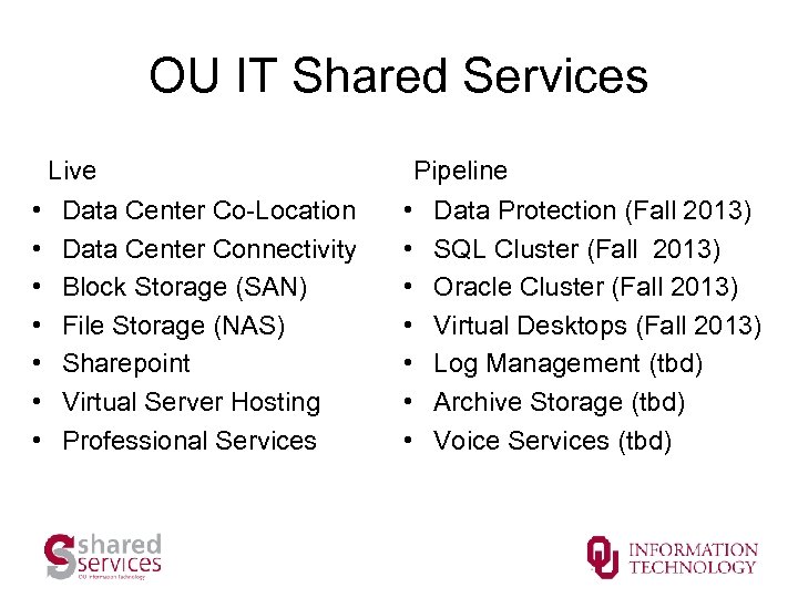 OU IT Shared Services Live • • Data Center Co-Location Data Center Connectivity Block