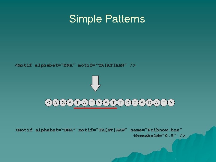 Simple Patterns <Motif alphabet=“DNA” motif=“TA[AT]AAW” /> C A G A T A A T