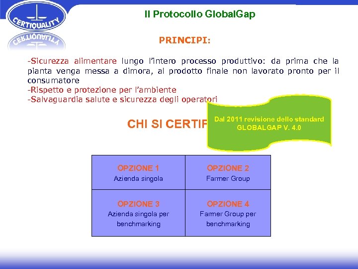 Il Protocollo Global. Gap PRINCIPI: -Sicurezza alimentare lungo l’intero processo produttivo: da prima che