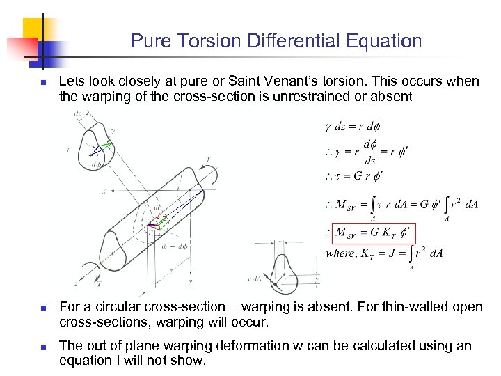 Pure Torsion Differential Equation n Lets look closely at pure or Saint Venant’s torsion.