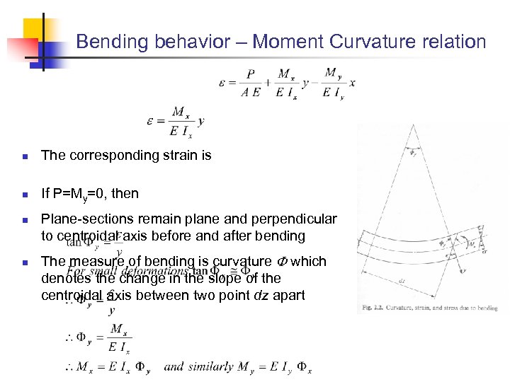 Bending behavior – Moment Curvature relation n The corresponding strain is n If P=My=0,