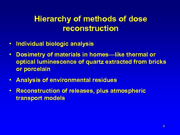 Hierarchy of methods of dose reconstruction • Individual biologic analysis • Dosimetry of materials