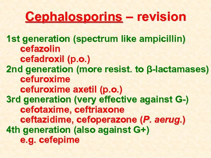 Cephalosporins – revision 1 st generation (spectrum like ampicillin) cefazolin cefadroxil (p. o. )