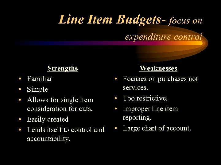Line Item Budgets- focus on expenditure control • • • Strengths Familiar Simple Allows