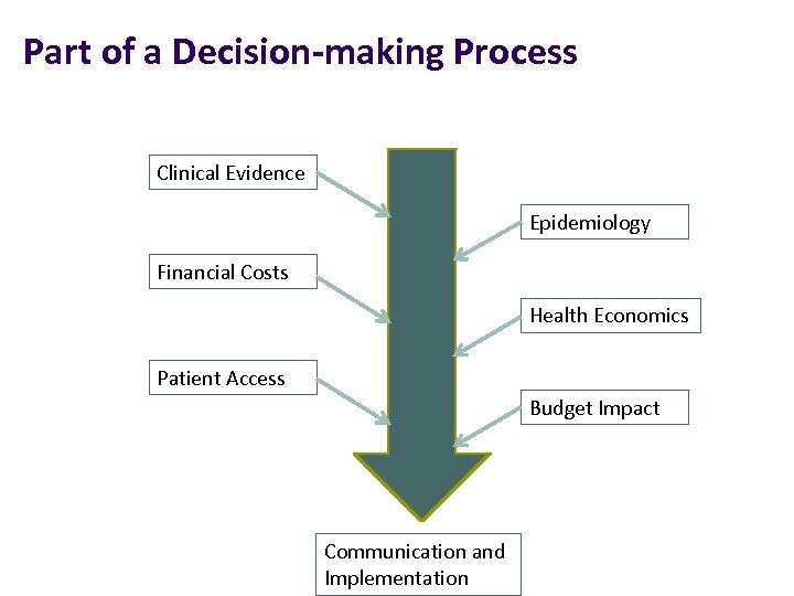 Part of a Decision-making Process Clinical Evidence Epidemiology Financial Costs Health Economics Patient Access