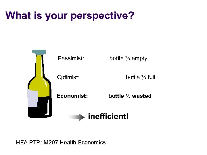 What is your perspective? Pessimist: bottle ½ empty Optimist: bottle ½ full Economist: bottle