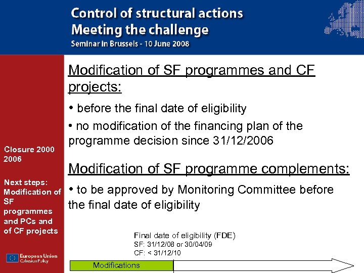 Modification of SF programmes and CF projects: • before the final date of eligibility
