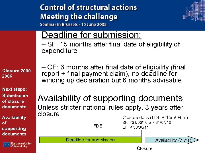 Deadline for submission: – SF: 15 months after final date of eligibility of expenditure