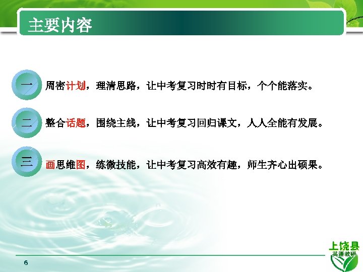 主要内容 一 周密计划，理清思路，让中考复习时时有目标，个个能落实。 二 整合话题，围绕主线，让中考复习回归课文，人人全能有发展。 三 画思维图，练微技能，让中考复习高效有趣，师生齐心出硕果。 6 