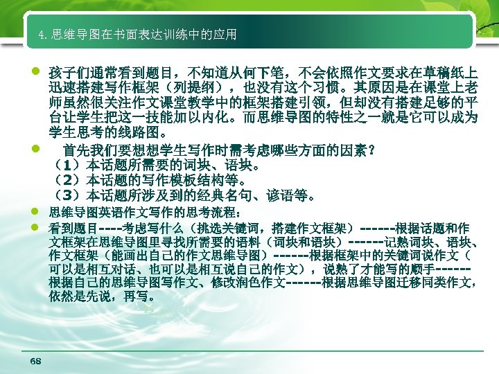 4. 思维导图在书面表达训练中的应用 • • 68 孩子们通常看到题目，不知道从何下笔，不会依照作文要求在草稿纸上 迅速搭建写作框架（列提纲），也没有这个习惯。其原因是在课堂上老 师虽然很关注作文课堂教学中的框架搭建引领，但却没有搭建足够的平 台让学生把这一技能加以内化。而思维导图的特性之一就是它可以成为 学生思考的线路图。 首先我们要想想学生写作时需考虑哪些方面的因素？ （1）本话题所需要的词块、语块。 （2）本话题的写作模板结构等。 （3）本话题所涉及到的经典名句、谚语等。