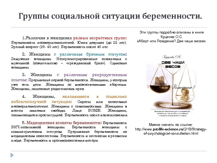 Группы социальной ситуации беременности. 1. Различия в женщинах разных возрастных групп: Беременность несовершеннолетней. Юная