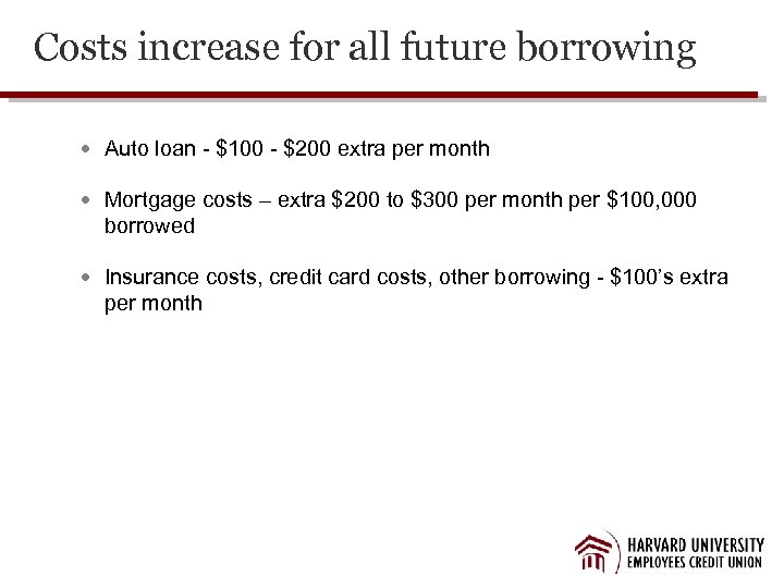 Costs increase for all future borrowing Auto loan - $100 - $200 extra per