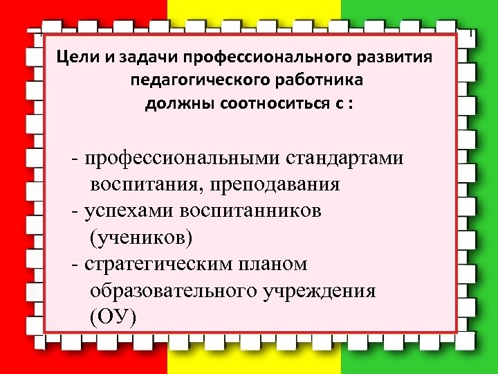 Цели и задачи профессионального развития педагогического работника должны соотноситься с : профессиональными стандартами воспитания,