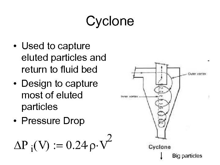 Cyclone • Used to capture eluted particles and return to fluid bed • Design