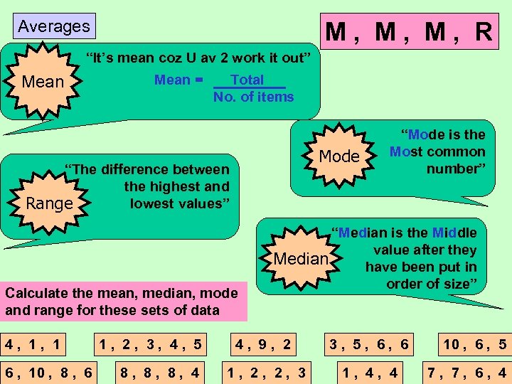 Averages M, M, M, R “It’s mean coz U av 2 work it out”
