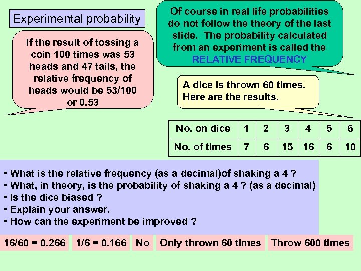 Experimental probability If the result of tossing a coin 100 times was 53 heads