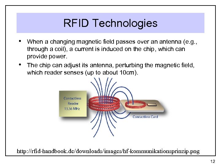 RFID Technologies • When a changing magnetic field passes over an antenna (e. g.