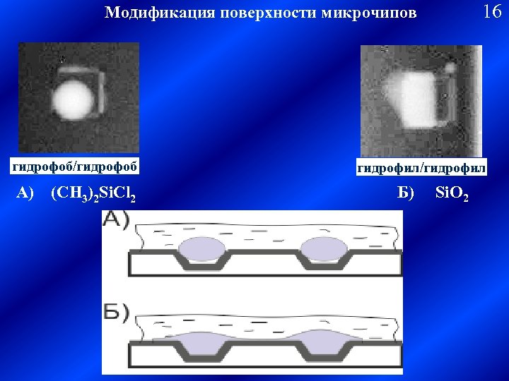 Модификация поверхности микрочипов гидрофоб/гидрофоб А) (CH 3)2 Si. Cl 2 16 гидрофил/гидрофил Б) Si.
