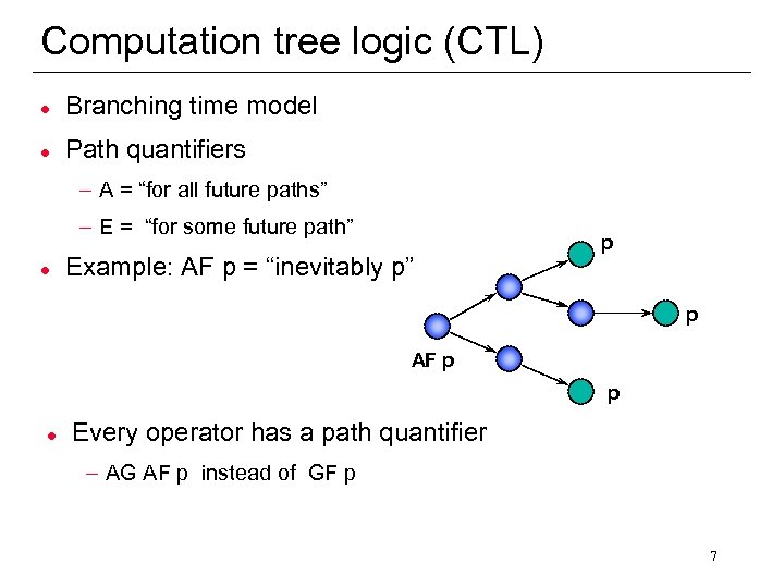 Computation tree logic (CTL) l Branching time model l Path quantifiers – A =