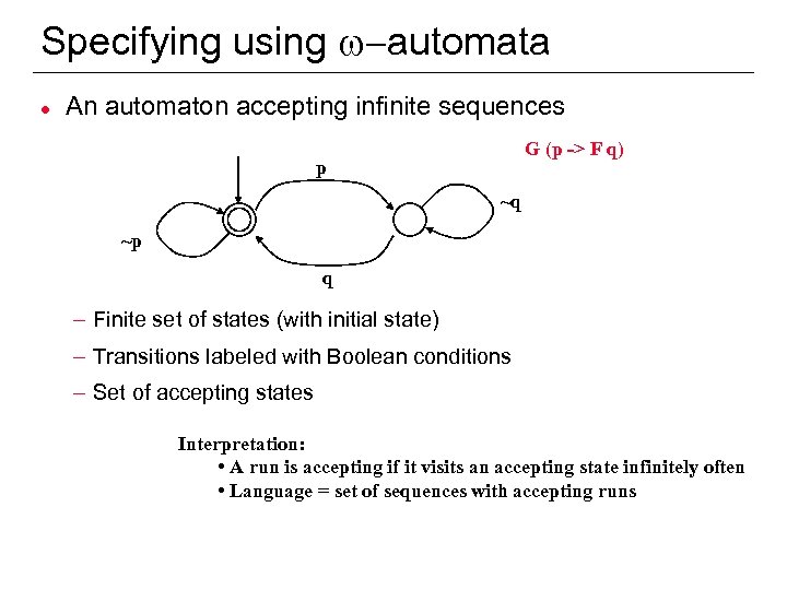 Specifying using w-automata l An automaton accepting infinite sequences G (p -> F q)