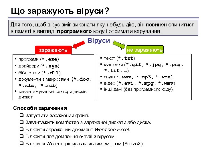 Що заражують віруси? Для того, щоб вірус зміг виконати яку-небудь дію, він повинен опинитися