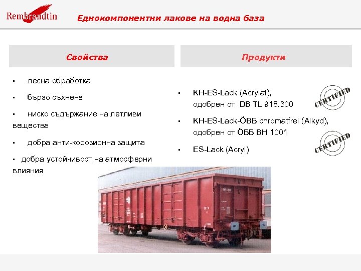 Еднокомпонентни лакове на водна база Свойства • лесна обработка • бързо съхнене Продукти ниско