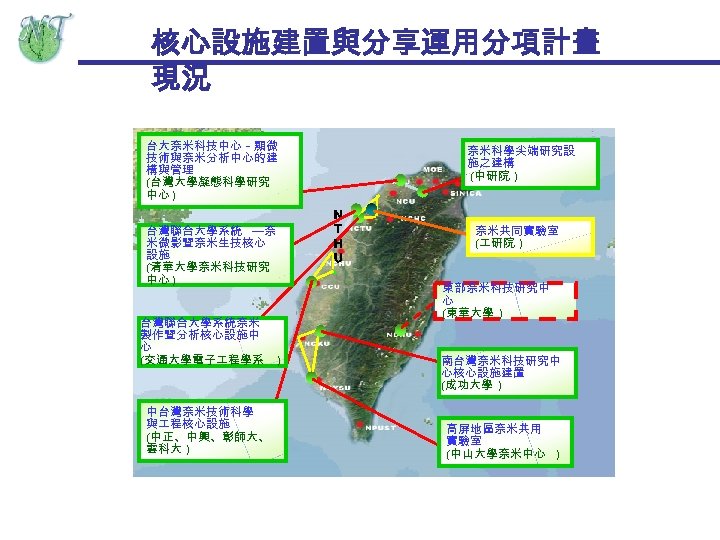 核心設施建置與分享運用分項計畫 現況 台大奈米科技中心－顯微 技術與奈米分析中心的建 構與管理 (台灣大學凝態科學研究 中心 ) N T H U 台灣聯合大學系統 —奈
