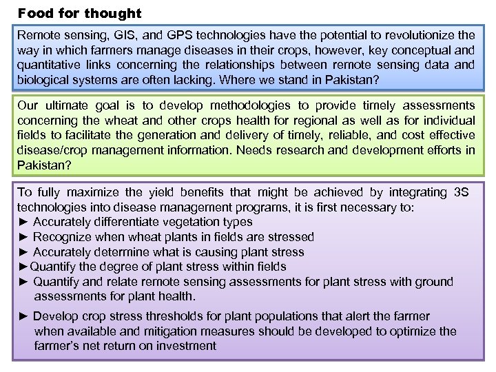 Food for thought Remote sensing, GIS, and GPS technologies have the potential to revolutionize