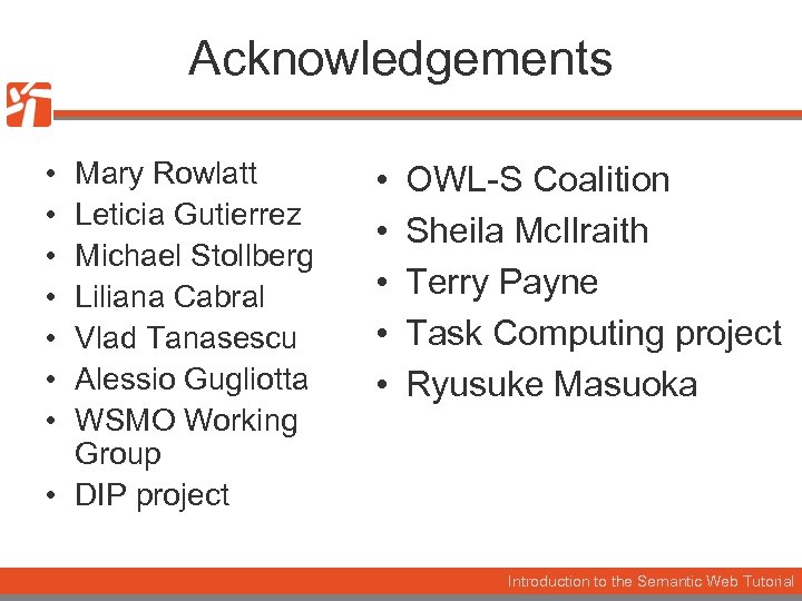 Acknowledgements • • Mary Rowlatt Leticia Gutierrez Michael Stollberg Liliana Cabral Vlad Tanasescu Alessio