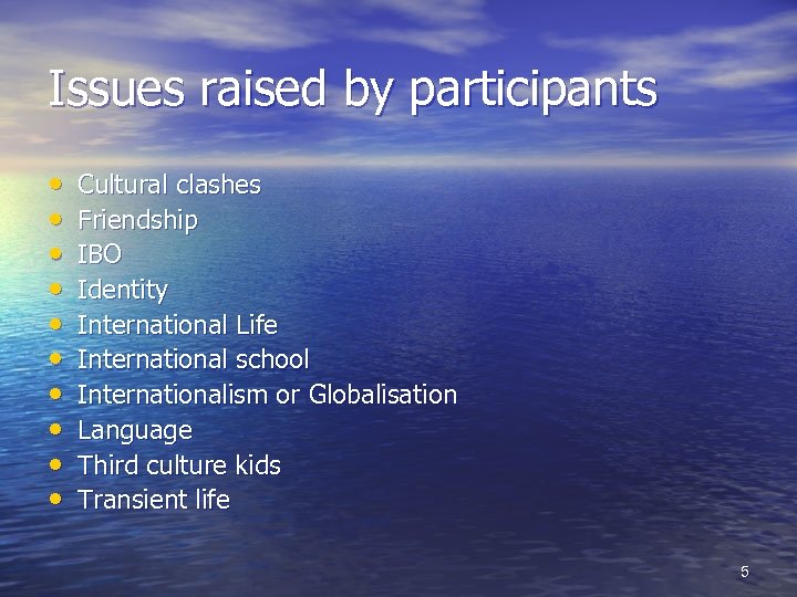 Issues raised by participants • • • Cultural clashes Friendship IBO Identity International Life