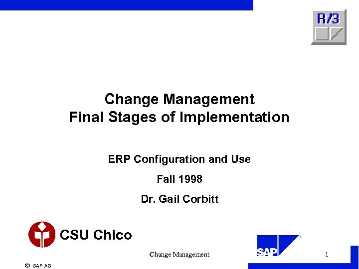Change Management Final Stages of Implementation ERP Configuration and Use Fall 1998 Dr. Gail