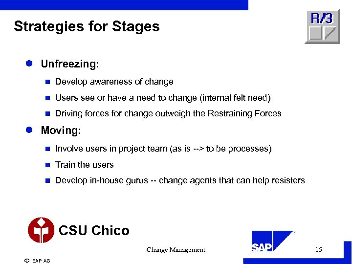 Strategies for Stages l Unfreezing: n Develop awareness of change n Users see or