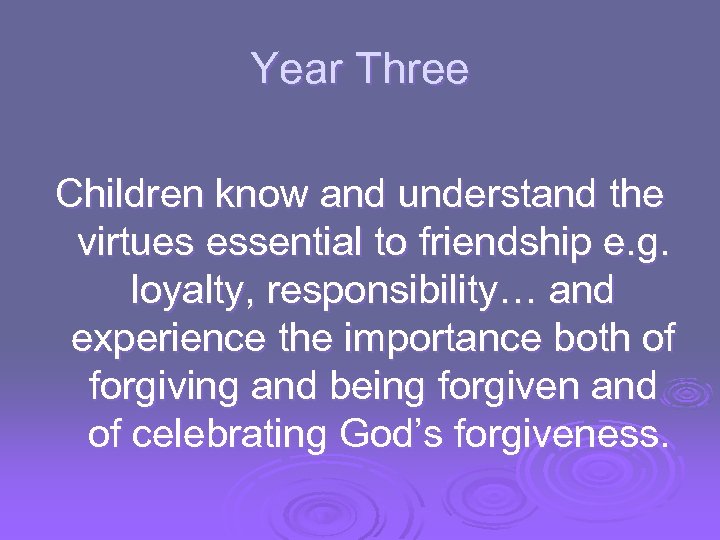 Year Three Children know and understand the virtues essential to friendship e. g. loyalty,