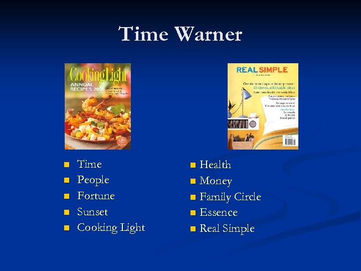 Time Warner n n n Time People Fortune Sunset Cooking Light Health n Money