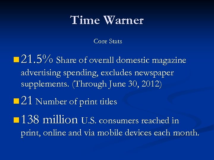 Time Warner Core Stats n 21. 5% Share of overall domestic magazine advertising spending,