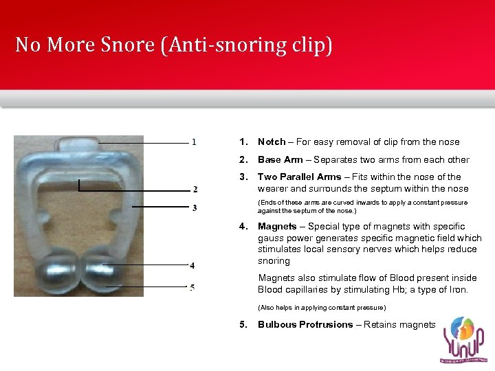 No More Snore (Anti-snoring clip) 1. Notch – For easy removal of clip from