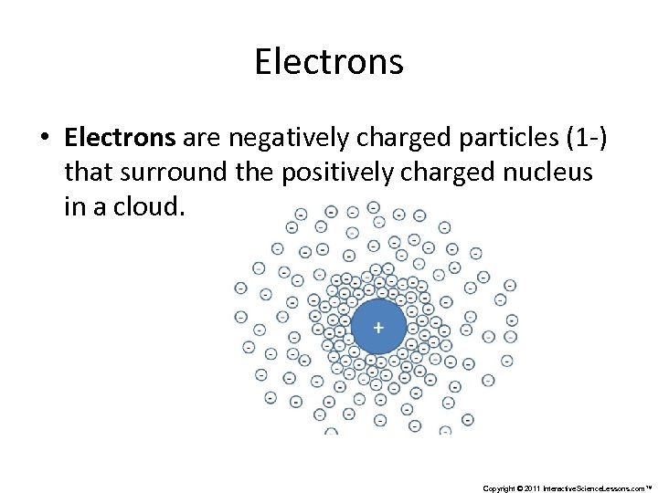 Electrons • Electrons are negatively charged particles (1 -) that surround the positively charged