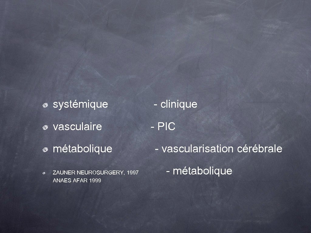 systémique - clinique vasculaire - PIC métabolique ZAUNER NEUROSURGERY, 1997 ANAES AFAR 1999 -