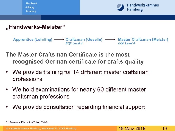 „Handwerks-Meister“ Apprentice (Lehrling) Craftsman (Geselle) Master Craftsman (Meister) EQF Level 4 EQF Level 6