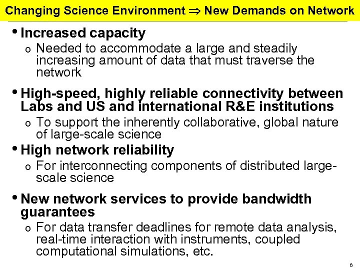 Changing Science Environment New Demands on Network • Increased capacity o Needed to accommodate