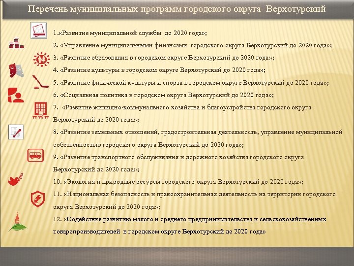 Перечень муниципальных программ городского округа Верхотурский 1. «Развитие муниципальной службы до 2020 года» ;