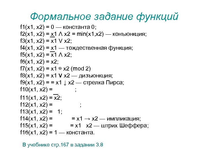 Формальное задание функций f 1(x 1, x 2) = 0 — константа 0; f