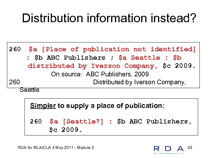 Distribution information instead? 260 $a [Place of publication not identified] : $b ABC Publishers