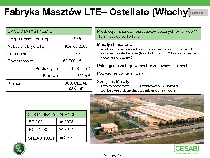 Fabryka Masztów LTE– Ostellato (Włochy) DANE STATYSTYCZNE Rozpoczęcie produkcji: 1975 Nabycie fabryki LTE: Koniec