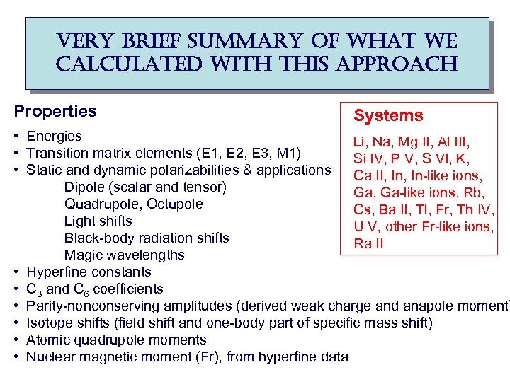 very brief summary of what we calculated with this approach Properties Systems • Energies