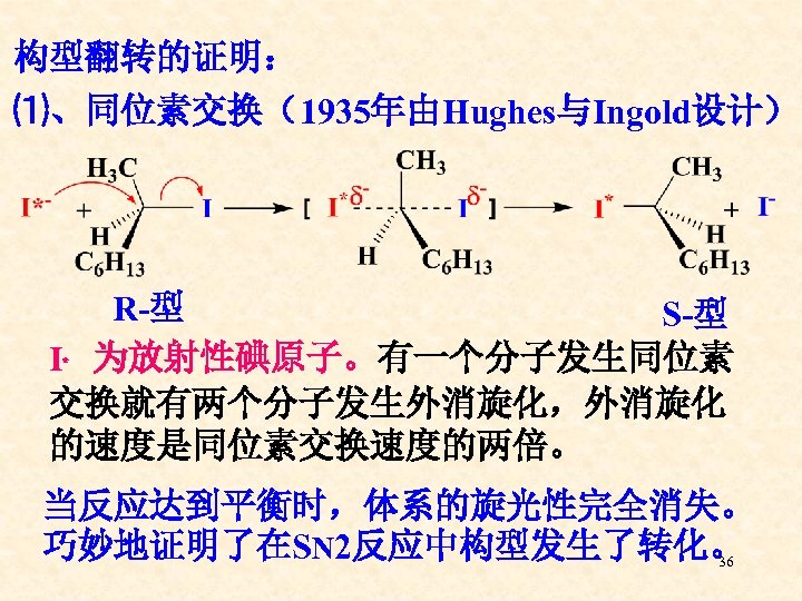 构型翻转的证明： ⑴、同位素交换（1935年由Hughes与Ingold设计） R-型 S-型 I﹡ 为放射性碘原子。有一个分子发生同位素 交换就有两个分子发生外消旋化，外消旋化 的速度是同位素交换速度的两倍。 当反应达到平衡时，体系的旋光性完全消失。 巧妙地证明了在SN 2反应中构型发生了转化。 36 