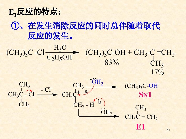 E 1反应的特点: ①、在发生消除反应的同时总伴随着取代 反应的发生。 SN 1 E 1 81 