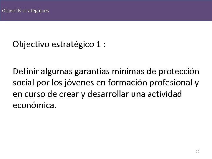 Objectifs stratégiques Objectivo estratégico 1 : Definir algumas garantias mínimas de protección social por