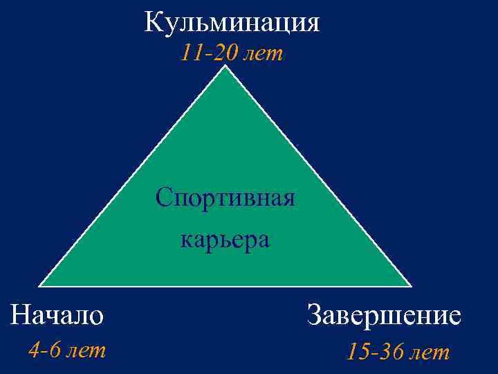 Кульминация 11 -20 лет Спортивная карьера Начало 4 -6 лет Завершение 15 -36 лет