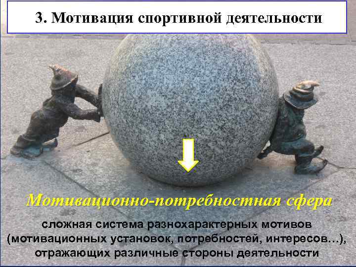 3. Мотивация спортивной деятельности Мотивационно-потребностная сфера сложная система разнохарактерных мотивов (мотивационных установок, потребностей, интересов…),